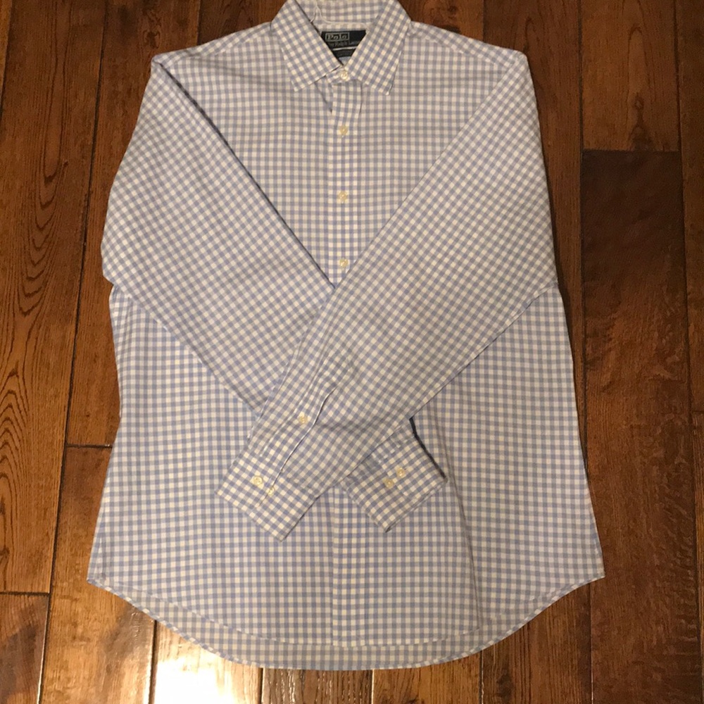 Blue and white check button up Polo
